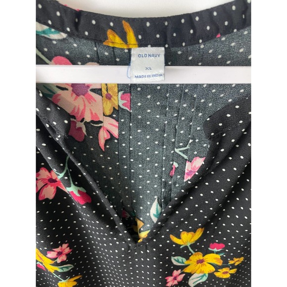 Old Navy Dress Size XL Black Polka Dots Floral Pattern Short Sleeves V Neck - Picture 3 of 7